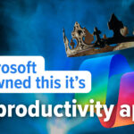 Crown floating over a colorful Microsoft logo on a dark blue background with bold white text overlay, implying leadership in productivity apps.