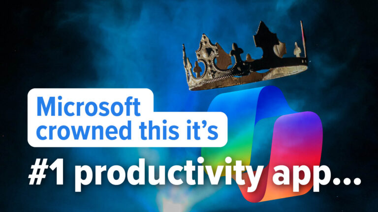 Crown floating over a colorful Microsoft logo on a dark blue background with bold white text overlay, implying leadership in productivity apps.