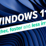 Blue abstract curved shapes form a background with a white diagonal ribbon that reads: 'Windows 11: Smoother, faster and less irritating'