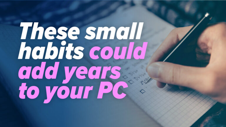 Bold white and pink headline over a blue gradient background; a hand writes in a notebook beside a smartphone, conveying a tips article about PC care.